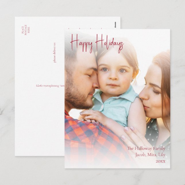 Modern Happy Holidays Red Handwritten Script Photo Holiday Postcard (Front/Back)