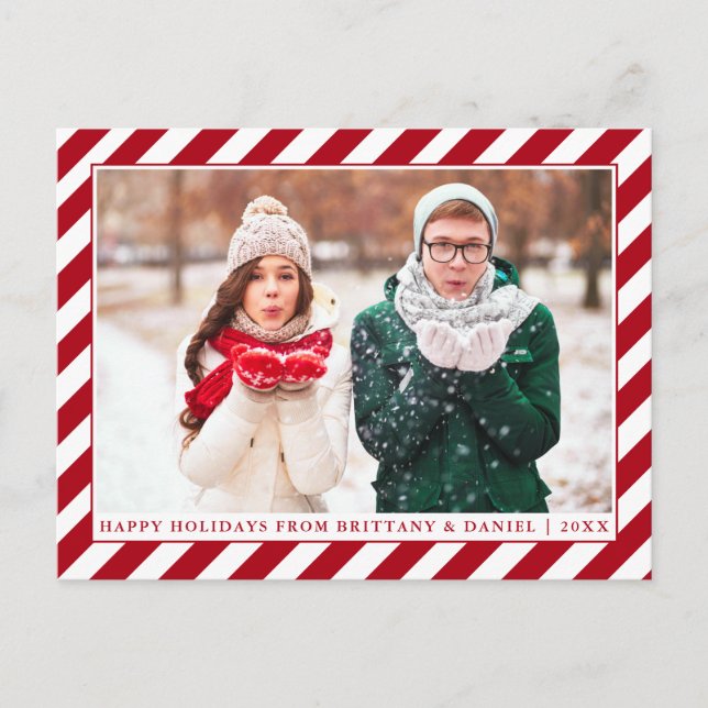 Modern Happy Holidays Red Stripes Photo Postcard (Front)