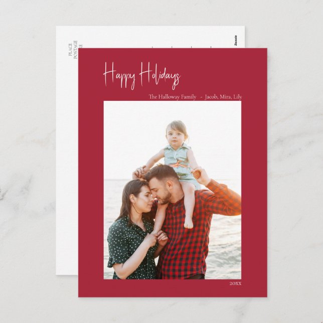 Modern Happy Holidays | Red Vertical Single Photo Holiday Postcard (Front/Back)