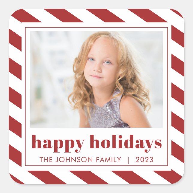 Modern Happy Holidays Red White Stripe Photo Square Sticker (Front)