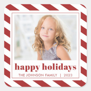 Modern Happy Holidays Red White Stripe Photo Square Sticker