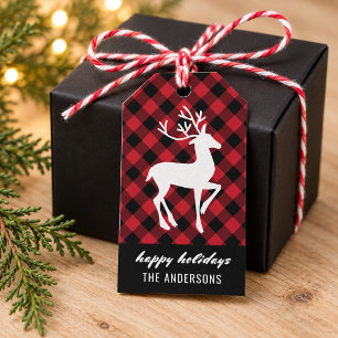 Modern Happy Holidays Reindeer Red Buffalo Plaid Gift Tags