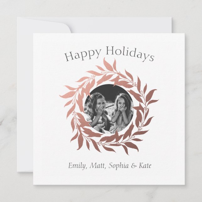Modern Happy Holidays Rose Gold Wreath Photo Holiday Card (Front)
