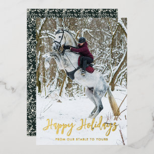 Modern Happy Holidays Script Equestrian Photo Foil Holiday Card