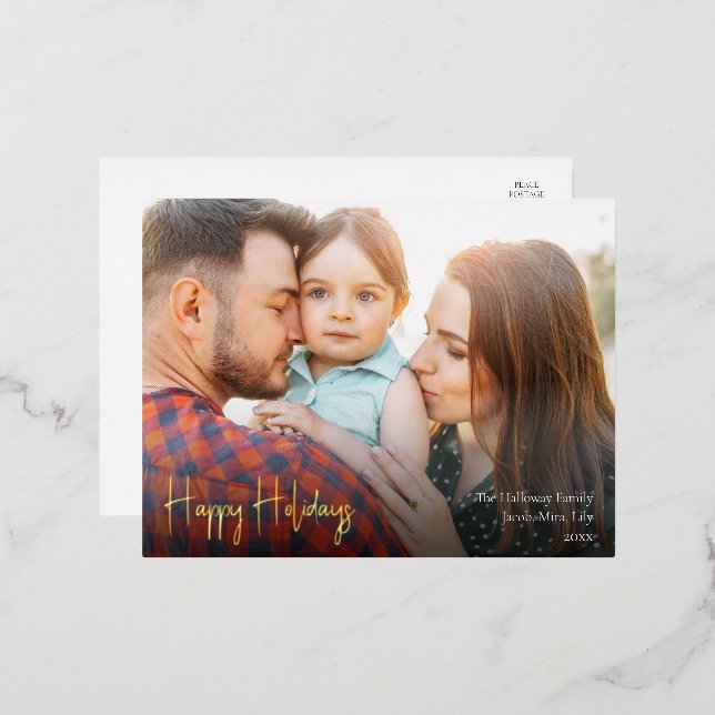 Modern Happy Holidays Script Full Photo Gold Foil Holiday Postcard (Front/Back)