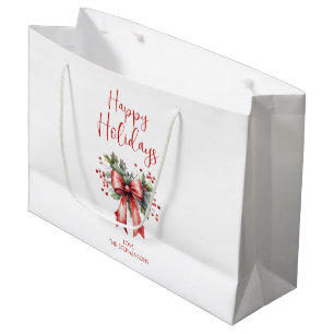 Modern Happy Holidays Script Holly Bow Name Large Gift Bag