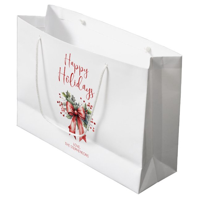 Modern Happy Holidays Script Holly Bow Name Large Gift Bag (Front Angled)