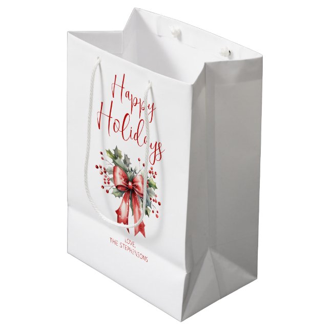 Modern Happy Holidays Script Holly Bow Name Medium Gift Bag (Front Angled)