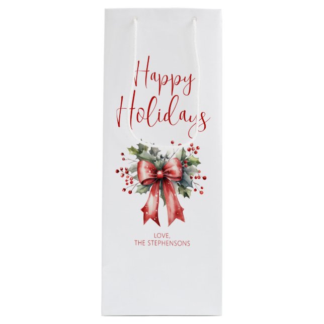 Modern Happy Holidays Script Holly Bow Name Wine Gift Bag (Front)