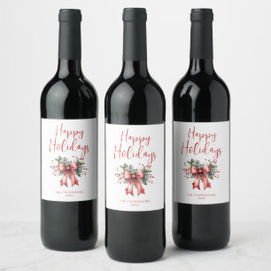 Modern Happy Holidays Script Holly Bow Name Wine Label