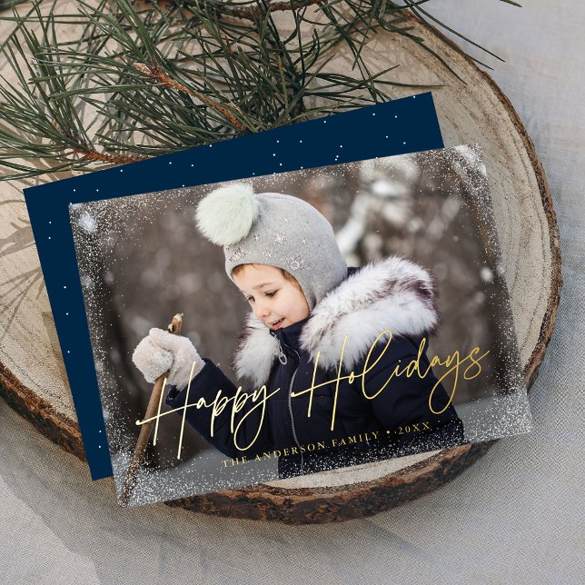 Modern Happy Holidays Script Photo Foil Holiday Card (Creator Uploaded)