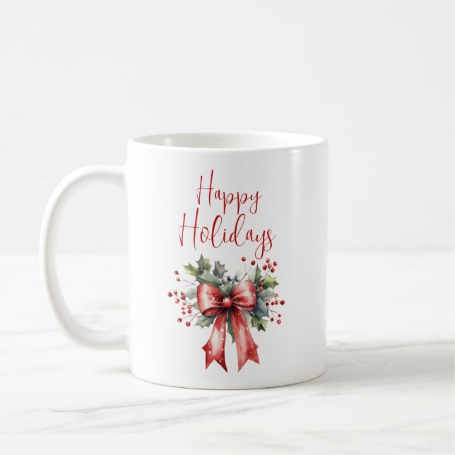 Modern Happy Holidays Script Red Bow Coffee Mug (Left)