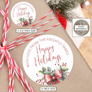 Modern Happy Holidays Script Red Bow From Name Classic Round Sticker