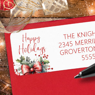 Modern HAPPY HOLIDAYS Script Red Bow Holly