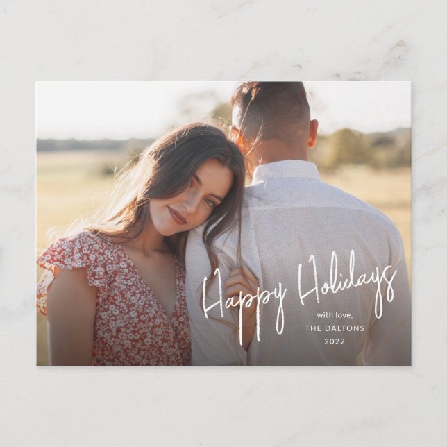 Modern Happy Holidays Script Simple Photo Holiday Postcard (Front)
