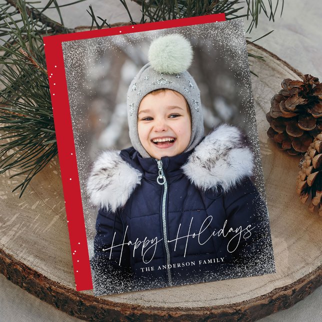 Modern Happy Holidays Script Snow Flurries Photo Holiday Card (Creator Uploaded)