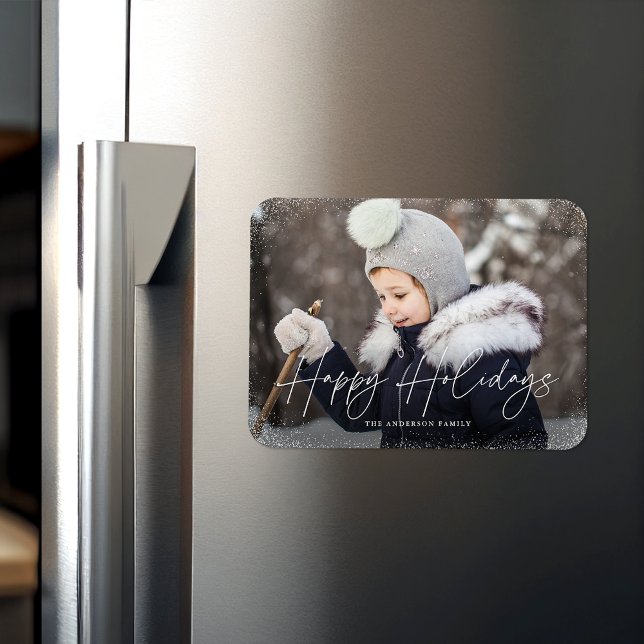 Modern Happy Holidays Script Snow Flurries Photo Magnet (Creator Uploaded)