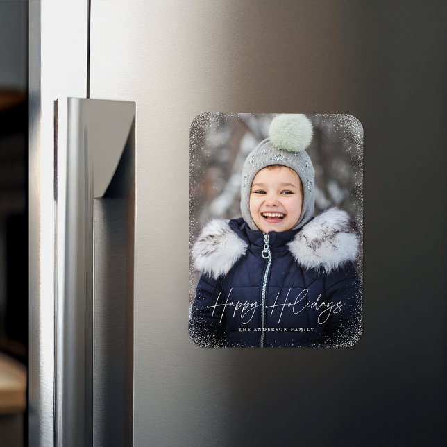 Modern Happy Holidays Script Snow Flurries Photo Magnet (Creator Uploaded)