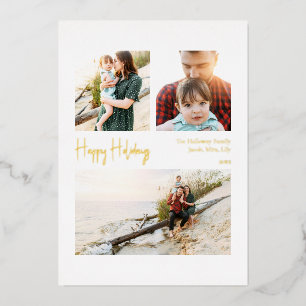 Modern Happy Holidays Script Three-Photo Gold Foil Holiday Card