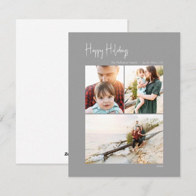 Modern Happy Holidays | Silver Vertical 3 Photo Holiday Card (Front/Back)