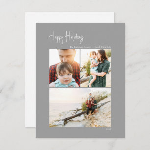 Modern Happy Holidays   Silver Vertical 3 Photo Holiday Card