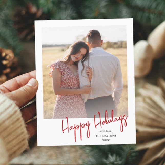 Modern Happy Holidays Simple Script Photo Holiday Postcard (Simple handwritten red holiday photo postcard.)