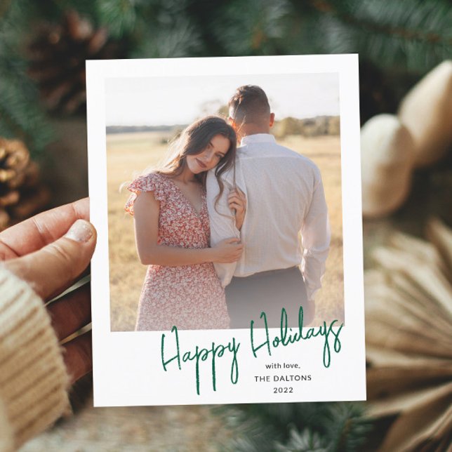 Modern Happy Holidays Simple Script Photo Holiday Postcard (Simple handwritten green holiday photo postcard.)