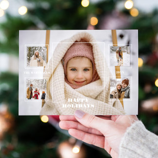 Modern Happy Holidays Thin Line Border 5-Photo Holiday Card