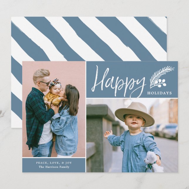 Modern Happy Holidays Two Photo Blue Holiday Card (Front/Back)
