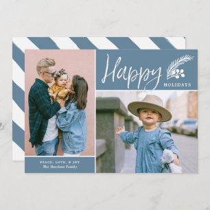 Modern Happy Holidays Two Photo Blue Holiday Card