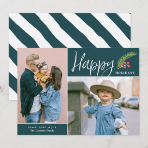 Modern Happy Holidays Two Photo Teal Holiday Card
