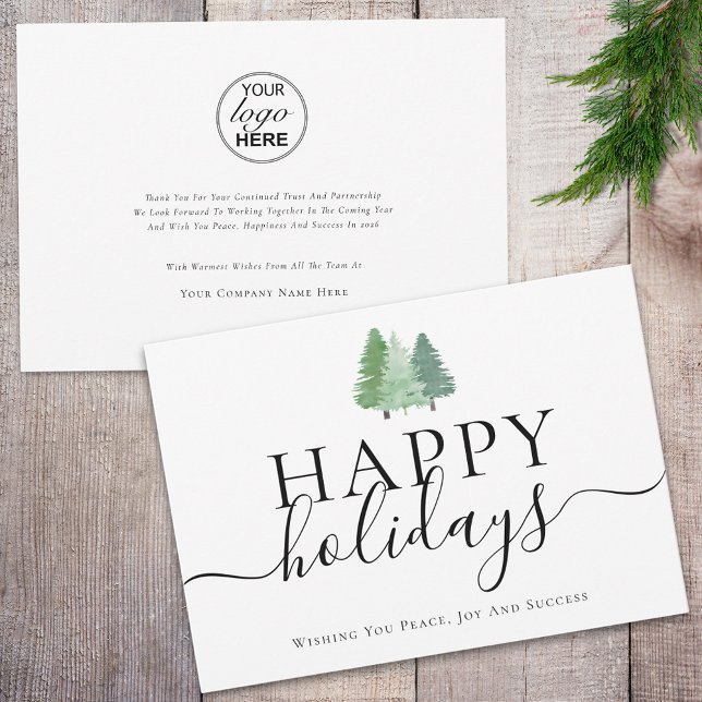 Modern Happy Holidays Woodland Business Logo Holiday Card (Modern watercolor woodland happy holiday business logo christmas card Whimsical elegant script)