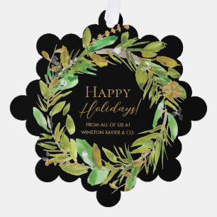 Modern Happy Holidays Wreath Corporate Custom Tree Decoration Card