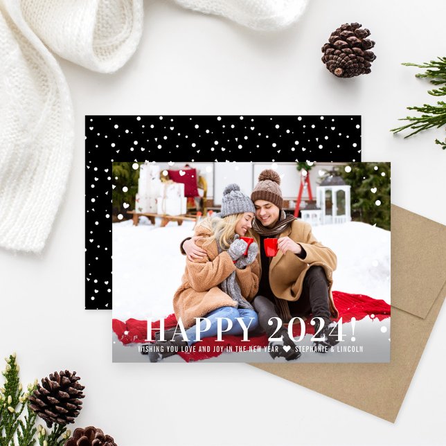 Modern Happy New Year 2024 Black Confetti Photo Holiday Card (Creator Uploaded)