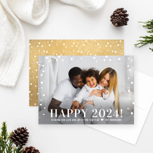 Modern Happy New Year 2024 Gold Confetti Photo Holiday Card