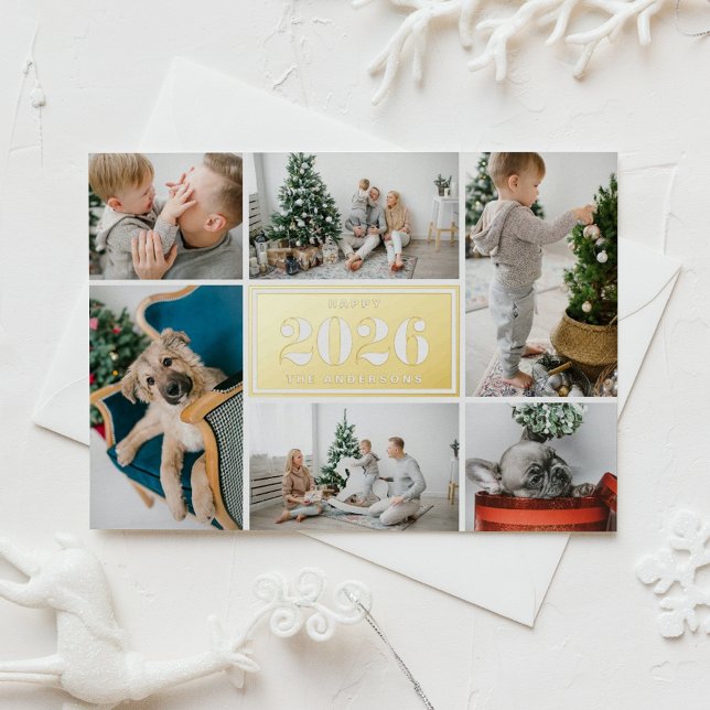 Modern Happy New Year 2025 Photo Collage Foil Holiday Card (Send 2026 new year cheer with this customizable gold foil photo collage Happy New Year Card. )
