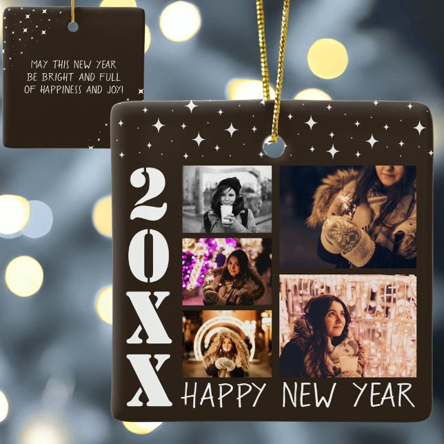Modern Happy New Year 2026 5 Photo Collage Ceramic Ornament (Creator Uploaded)