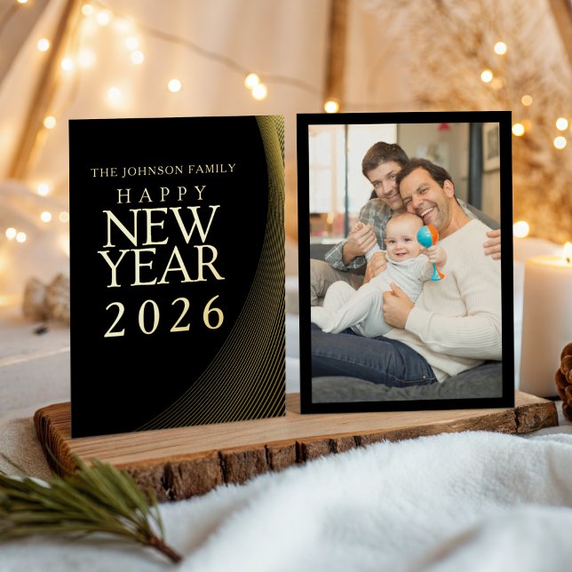 Modern Happy New Year 2026 Gold Photo  Foil Holiday Card (Creator Uploaded)