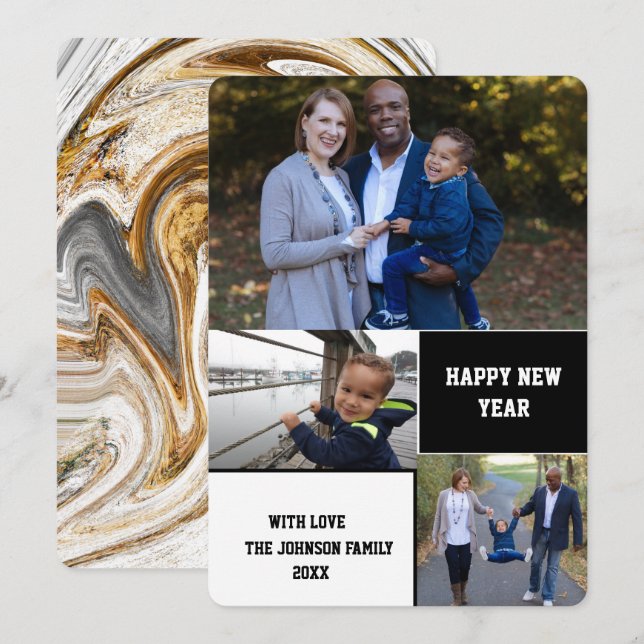 Modern Happy New Year 3 Photo Collage Holiday Card (Front/Back)