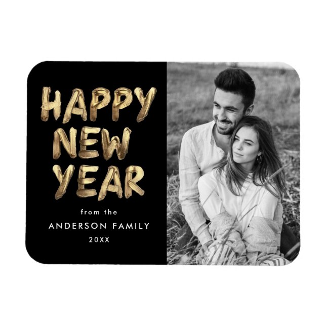 Modern Happy New Year Black and Gold Photo Magnet (Horizontal)