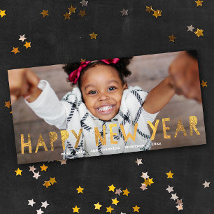 Modern Happy New Year Gold Faux Foil Photo Holiday Card