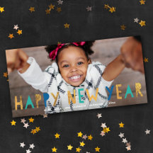 Modern Happy New Year Gold Faux Foil w/ Aqua Photo