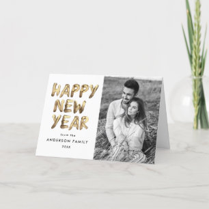 Modern Happy New Year Gold Lettered 2 Photo Holiday Card