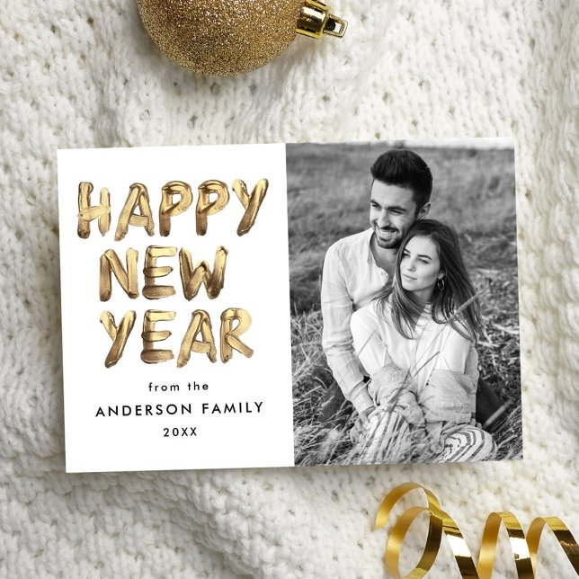 Modern Happy New Year Gold Lettered Photo Holiday Card (Creator Uploaded)