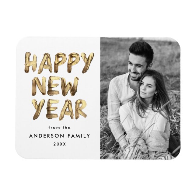 Modern Happy New Year Gold Lettered Photo Magnet (Horizontal)