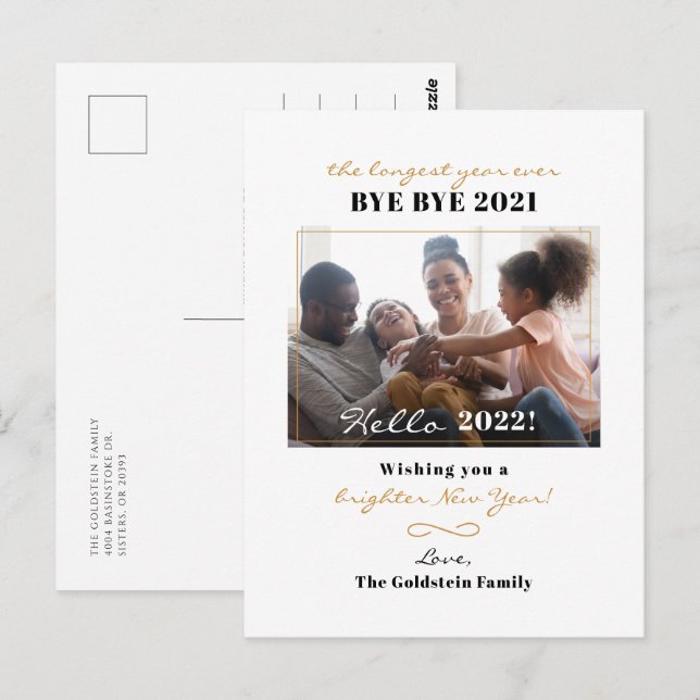 Modern Happy New Year Hand Lettered Family Photo Postcard (Front/Back)