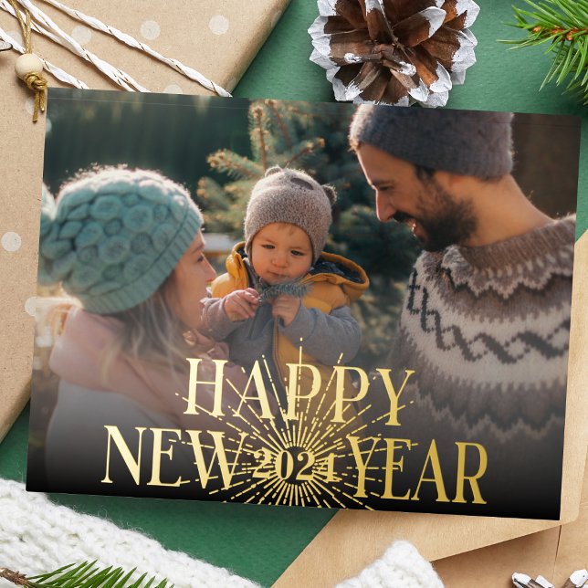 Modern Happy New Year Photo Gold Firework Foil Holiday Card (Creator Uploaded)