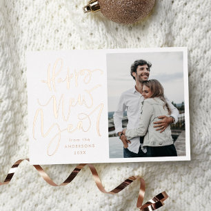 Modern Happy New Year Photo Rose Gold Foil Holiday Card