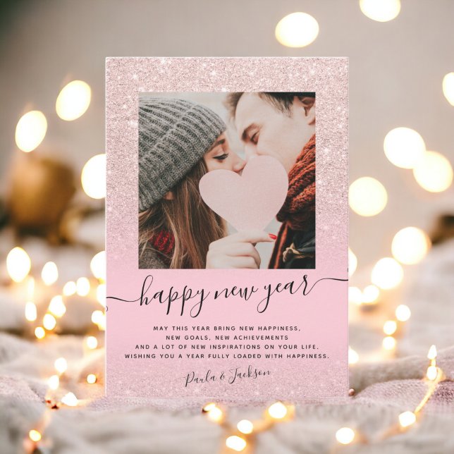 Modern happy New Year rose gold glitter pink photo Holiday Card (Modern happy New Year rose gold glitter pink photo Holiday Card)