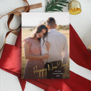Modern Happy New Year Script Simple Photo Foil Holiday Card